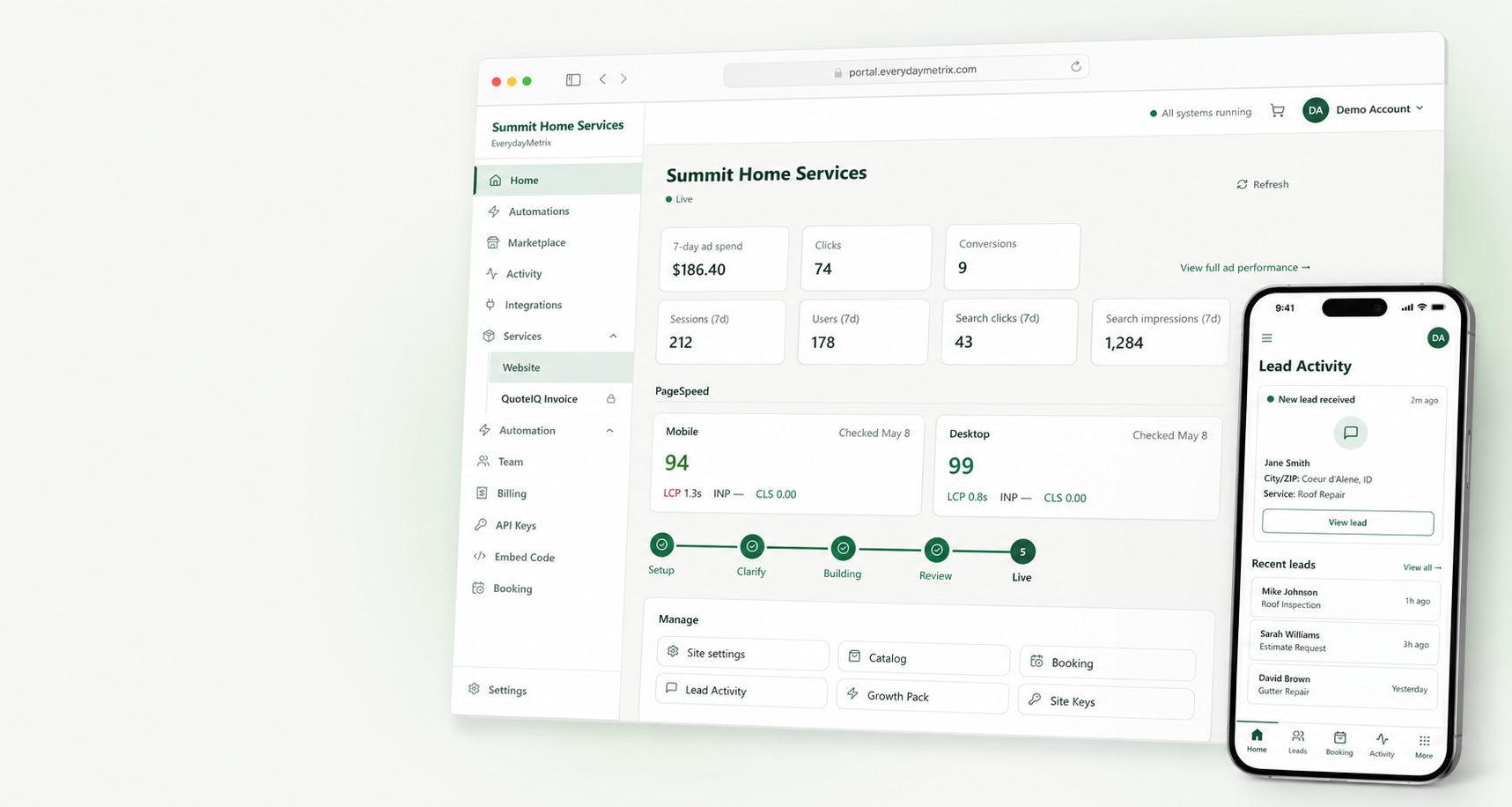 EverydayMetrix dashboard showing a service business's leads, bookings, and site performance, next to the mobile lead-activity view